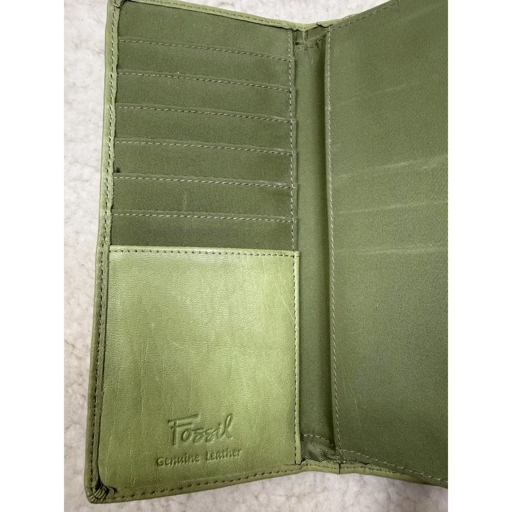 Vintage Y2K Fossil Spring Green Leather Trifold Wallet Organizer Retro 2000s